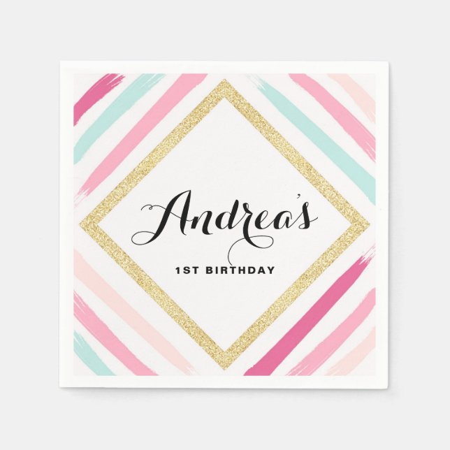 Pastell Streifen & Gold Glitzer Kindergeburtstag P Serviette (Vorderseite)