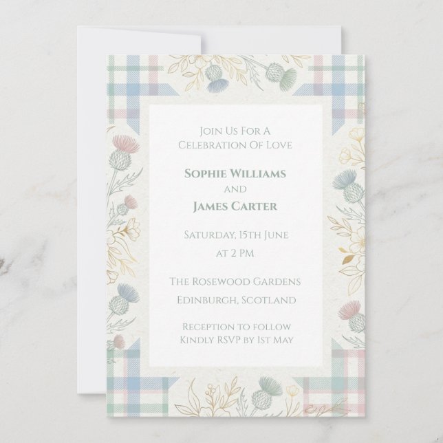Pastell-Tartan-Blumen-Hochzeitseinladung Einladung (Vorderseite)