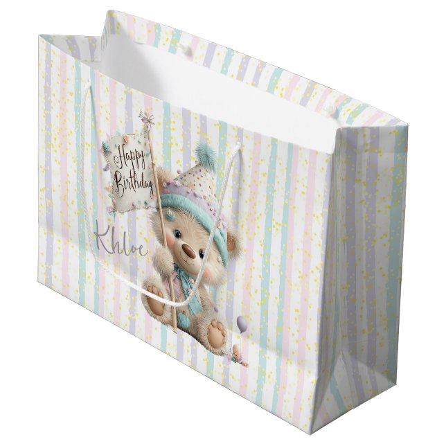 Pastell-Teddybär Geburtstag  Große Geschenktüte (Vorderseite Schrägansicht)