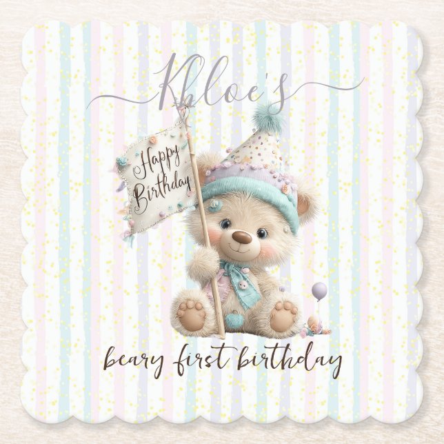 Pastell-Teddybär-Geburtstag Untersetzer (Vorderseite)