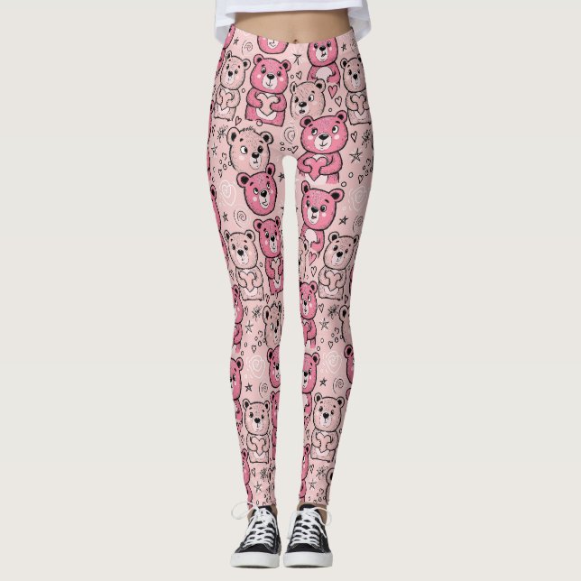 Pastell-Teddybär-Herz-Muster Leggings (Vorderseite)