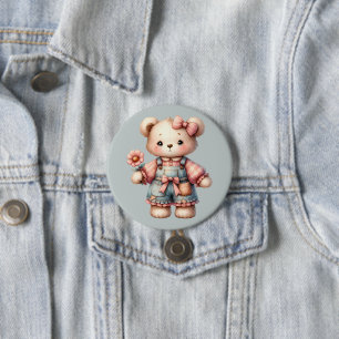 Pastell-Teddybär mit Blume und Overall Button