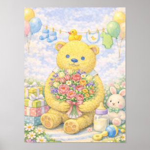 Pastell-Teddybär mit Blumen Poster