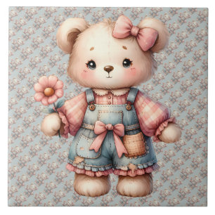 Pastell-Teddybär mit Blumen und Overall Fliese