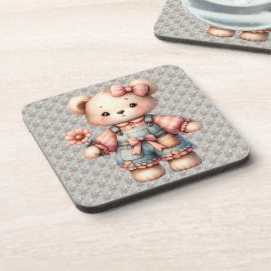 Pastell-Teddybär mit Blumen und Overall Getränkeuntersetzer