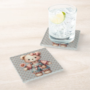 Pastell-Teddybär mit Blumen und Overall Glasuntersetzer
