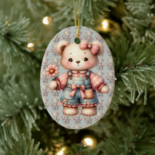 Pastell-Teddybär mit Blumen und Overall Keramik Ornament