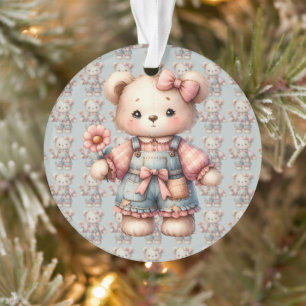 Pastell-Teddybär mit Blumen und Overall Ornament