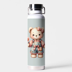 Pastell-Teddybär mit Blumen und Overall Trinkflasche
