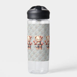 Pastell-Teddybär mit Blumen und Overall Trinkflasche