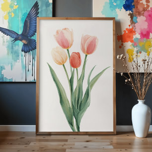 Pastell-Tulpen-Aquarell-Botanik-Wandkunst Poster