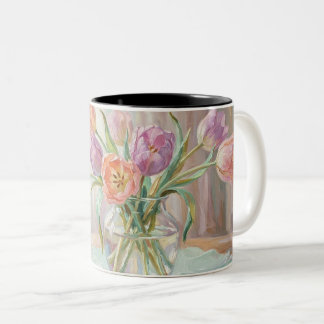 Pastell-Tulpen in Glasvase Keramikbecher – Zweifarbige Tasse