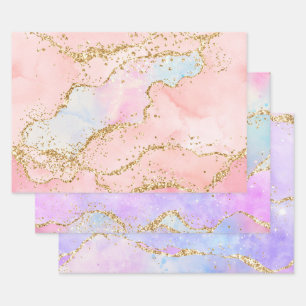 Pastell und Gold Imitate Glitzer Agate Geschenkpapier Set