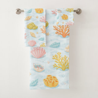 Pastell-Unterwasser-Meeresleben-Wasserfarbmuster Badhandtuch Set