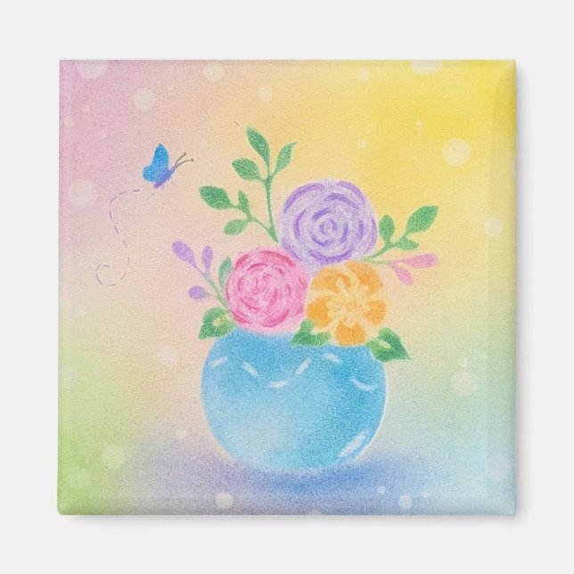 Pastell-Vase-Blumen-Schmetterling-Kunst Magnet (Vorne)