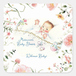 Pastell-Vintage-Baby-Mädchen-Baby-Party Quadratischer Aufkleber