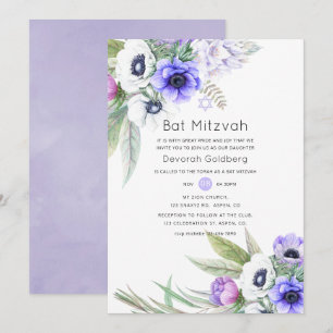 Pastell-Violett und Pflaumen-Blumen-Bat-Mizwa Einladung