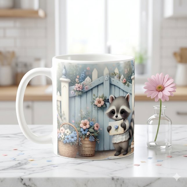 Pastell-Waschbär-Briefgarten Kaffeetasse (Pastel Raccoon Letter Garden Coffee Mug)