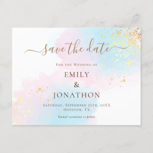Pastell Wasserfarben Blau Gold Pink Save the Date Ankündigungspostkarte