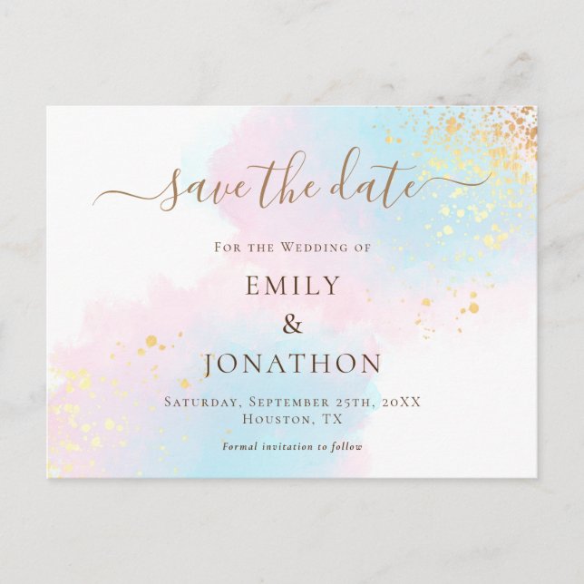 Pastell Wasserfarben Blau Gold Pink Save the Date Ankündigungspostkarte (Vorderseite)