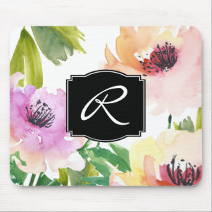 Pastell-Wasserfarben-Blumenmonogramm Mousepad