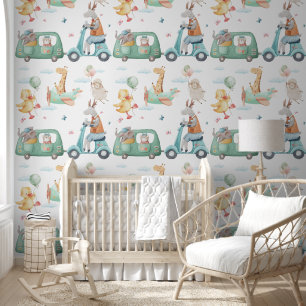 Pastell-Wasserfarben-Giraffen-Flugzeug-Kinderzimme Tapete
