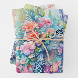 Pastell Watercolor Floral Sea Turtles Geschenkpapier Set