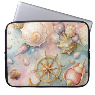 PASTELL-WATERCOLOR NAUTISCHE MEERESSCHNECKE & RAD LAPTOPSCHUTZHÜLLE