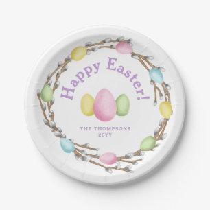 Pastell-Weiden-Kranz Farbige Frohe Ostern Pappteller