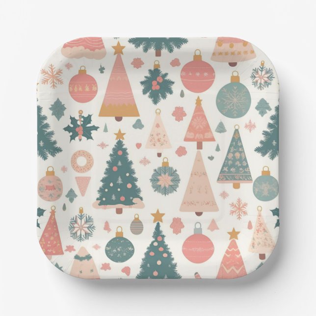 Pastell-Weihnachtsbaum-Ornamente Urlaub Pappteller (Vorderseite)