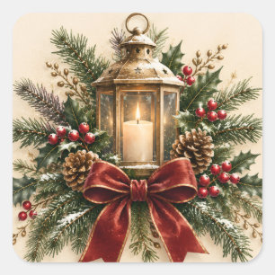 Pastell-Weihnachtsgruß, gemütliche Kerze, Band Quadratischer Aufkleber