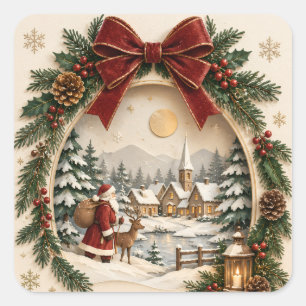 Pastell-Weihnachtsgruß, Weihnachtsmann und Schnee Quadratischer Aufkleber