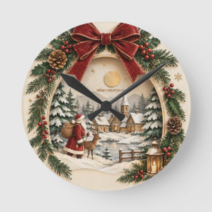 Pastell-Weihnachtsgruß, Weihnachtsmann und Schnee Runde Wanduhr