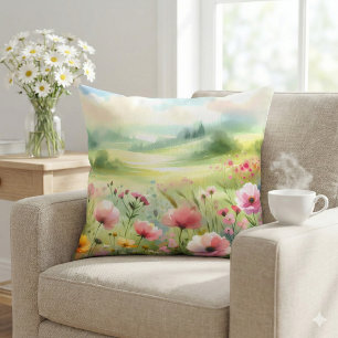 Pastell-Wiesenlandschaft mit Wildblumen Kissen