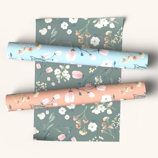 Pastell Wildblume Wasserfarbe in Orange & Baby Blu Geschenkpapier Set (Von Creator hochgeladen)
