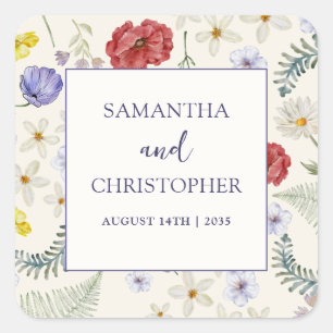Pastell-Wildblumen- & Blatt-Hochzeit Quadratischer Aufkleber