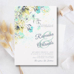 Pastell-Wildblumen-Botanik-Romantik Blaue Hochzeit Einladung