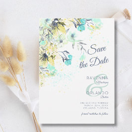 Pastell-Wildblumen-Botanik-Romantik Blaue Hochzeit Save The Date