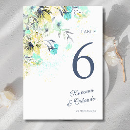 Pastell-Wildblumen-Botanik-Romantik Blaue Hochzeit Tischnummer
