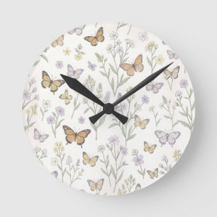 Pastell-Wildblumen-Schmetterlinge-Wiese-Botanik  Runde Wanduhr