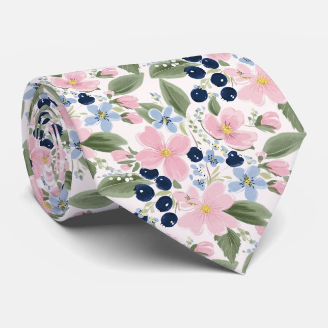 Pastell-Wildblumen- und Blaubeer-Blumenmuster  Krawatte (Gerollt)
