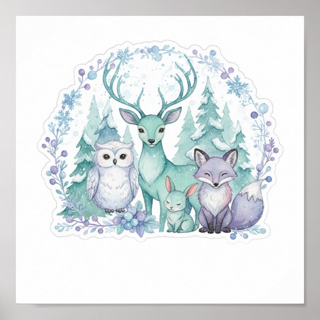 Pastell-Winter-Wald-Kinderzimmer-Kunstprint Poster (Vorne)