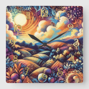 Pastell Zeichnend Abstrakte Landschaft Quadratische Wanduhr