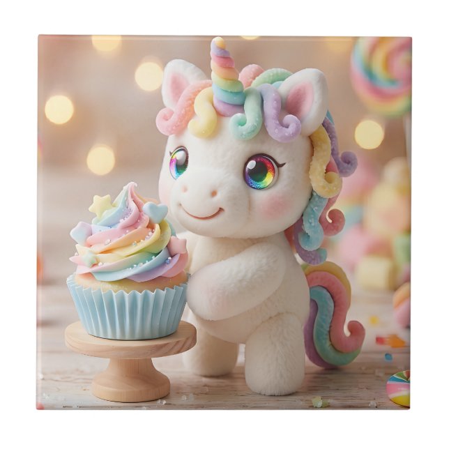 Pastell-Zucker-Einhorn mit Regenbogen-Cupcake Fliese (Vorderseite)