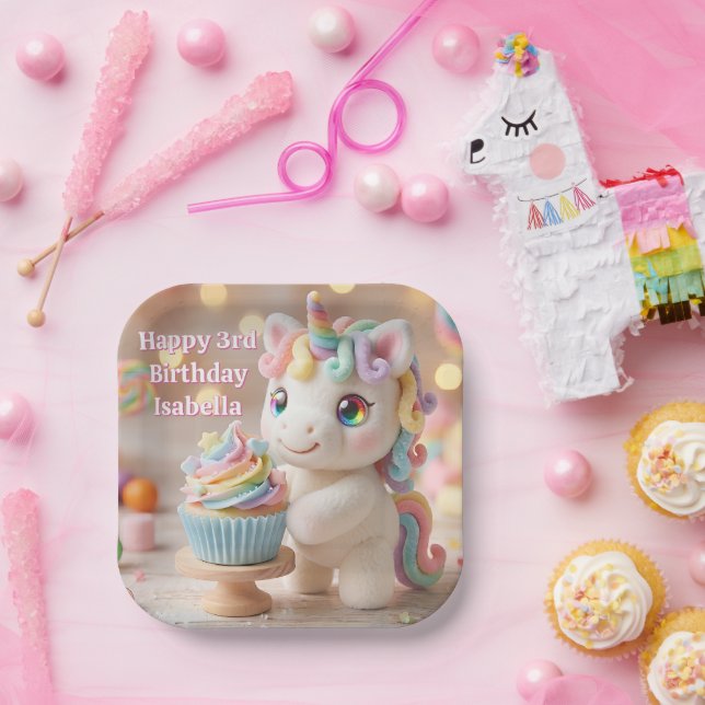 Pastell-Zucker-Einhorn mit Regenbogen-Cupcake Pappteller (Party)