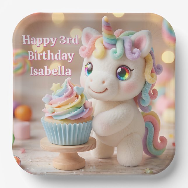 Pastell-Zucker-Einhorn mit Regenbogen-Cupcake Pappteller (Vorderseite)