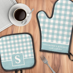 Pastellblau Gingham Karo Kariert Monogrammiert Ofenhandschuh & Topflappen-Set