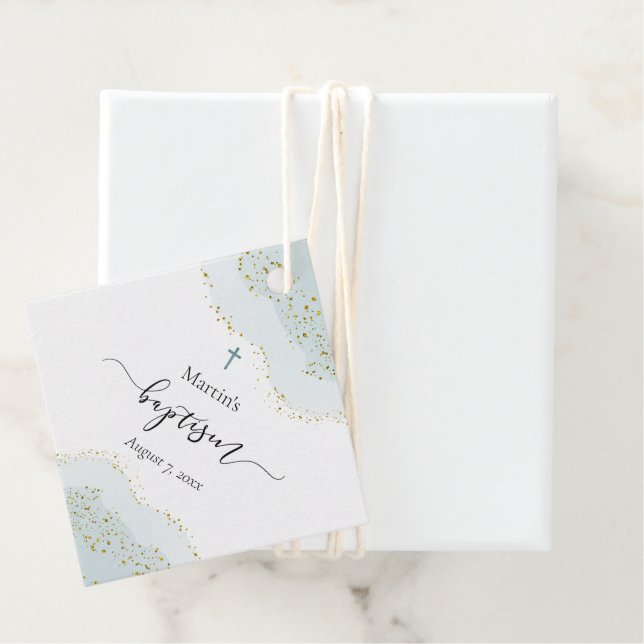 Pastellblau | Imitate Gold Glitzer Taufe Geschenkanhänger (Beispiel)