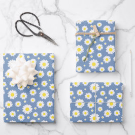 Pastellblau mit gelbem weißem Daisy-Blume-Muster Geschenkpapier Set
