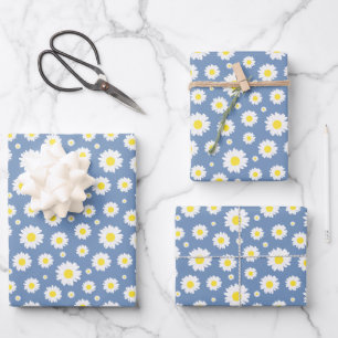 Pastellblau mit gelbem weißem Daisy-Blume-Muster Geschenkpapier Set